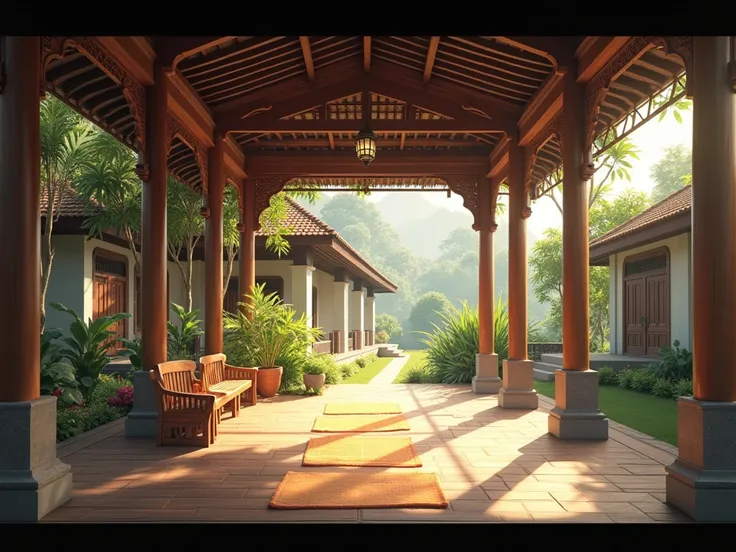 create a realistic background for the drama with the backdrop of a simple traditional Indonesian house terrace during the day