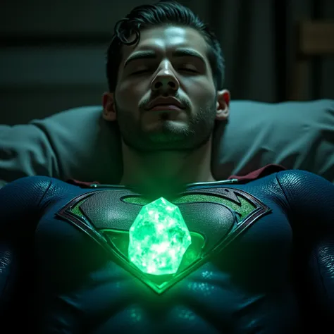 Cody Christian with an undercut haircut combed back, short beard, in a Superman suit, eyes closed, mouth slightly open, lying on the ground, glowing emerald green crystal pendant around his neck, photorealistic, 8k, hyperdetailed, studio lighting, dramatic...