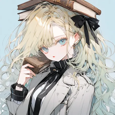  Masterpiece  , top quality ,Ultra_  Details, high definition , absurd:1.2), (( 1 girl, alone)),  lots of light blue ヘア,  lots of light blue _background,  wearing a trench coat , Illustration of a woman in a trench coat and suit , animal_On_head, black_rib...