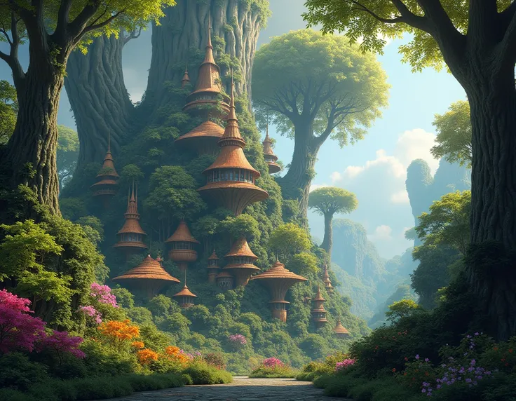 ((forest city)), (tall Trees), buildings built with trees besides, ((rainbow leaves)), no plants in the building