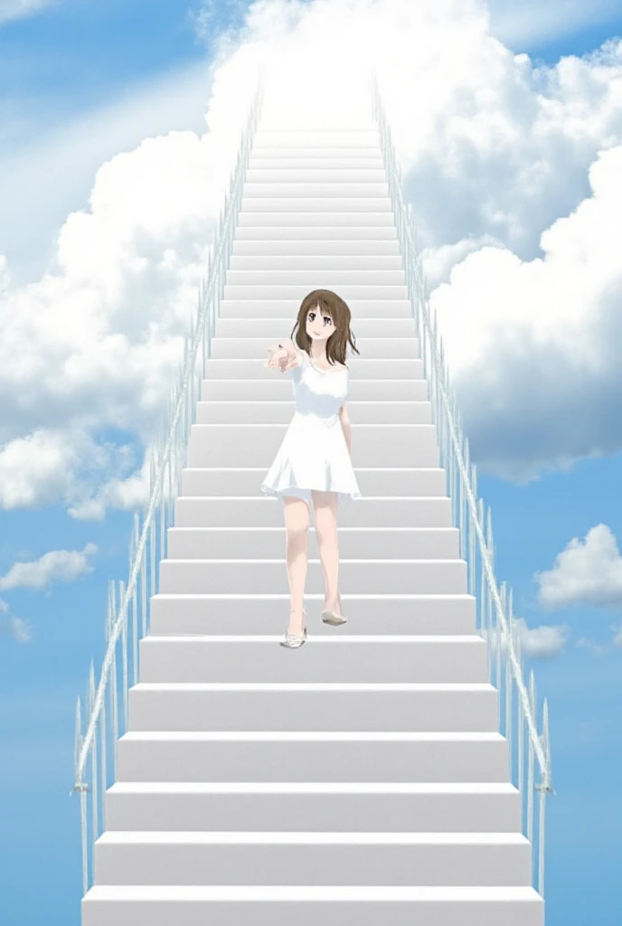 brown hair,1girl,Alone、Outdoor、Long staircase、White Stairs、Stairs leading up to the sky、 Looking Back、 view from below、 reach out 、 brown hair on one woman、bangs、  long hair、looking at viewer,  dress、white short sleeve v-neck,  flare skirt, miniskirt ,  ne...