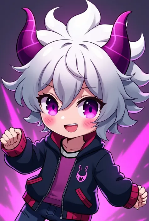  masterpiece, 4k, full hd, stylized,  anime style ,  My Hero Academia , chico,  short wavy white hair ,  purple eyes ,  two demon horns neon purple, cheerful expression, gamer jacket, chibi cejas color negro