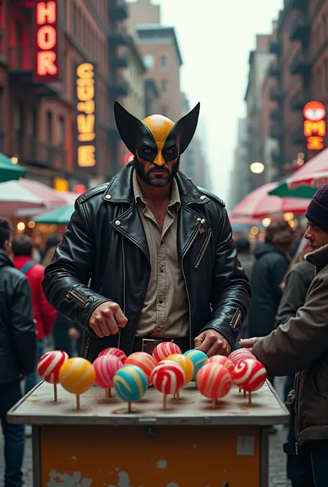 Wolverine with a street lollipop stand in a New York neighborhood 