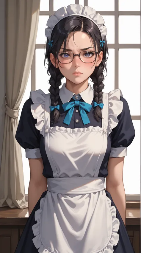 Serious and diligent young girl with glasses,neat long black hair, tidy twin braids, slightly nervous expression, pure and sincere gaze, simple but clean clothing, maid outfit or modest uniform style, serious and reserved posture, a sense of coming from a ...