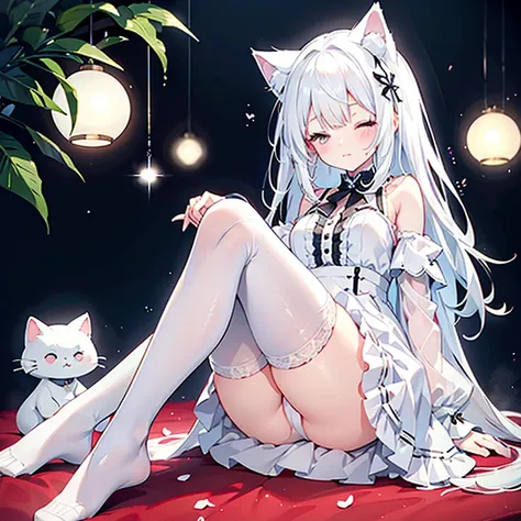 Cute pure white haired 18 year old cat ears girl wearing white and white lace short skirt and black stockings with white panties，Sitting lying face very very very red upskirt ，Dressed cute with one eye closed，There are no defects in the whole body，The whol...