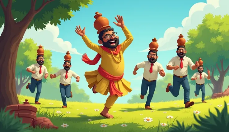 Prompt 1: "A lively office picnic scene with Gajodhar leading a race where employees are running with clay pots balanced on their heads. Gajodhar, in his traditional kurta and dhoti, is cheering and laughing, while employees in formal office attire struggl...