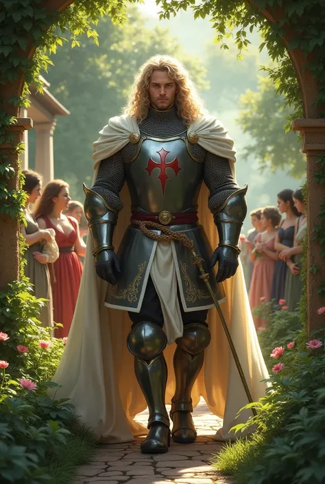   Tall Knight  , medieval,  period clothing  ,  long curly blond hair ,  Blue Eyes,  strolling through a garden ,  surrounded by beautiful ladies , damsels ,  admirers ,  side view , beautiful, detailed,  masterpiece  ,  high quality
