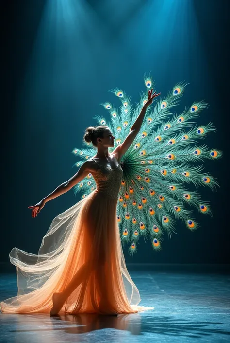 Here’s a prompt for a video featuring a girl dancing on stage who transforms into a peacock during her performance:

"A dimly lit stage with vibrant spotlights illuminating a graceful dancer in a shimmering dress that reflects peacock hues. The girl starts...