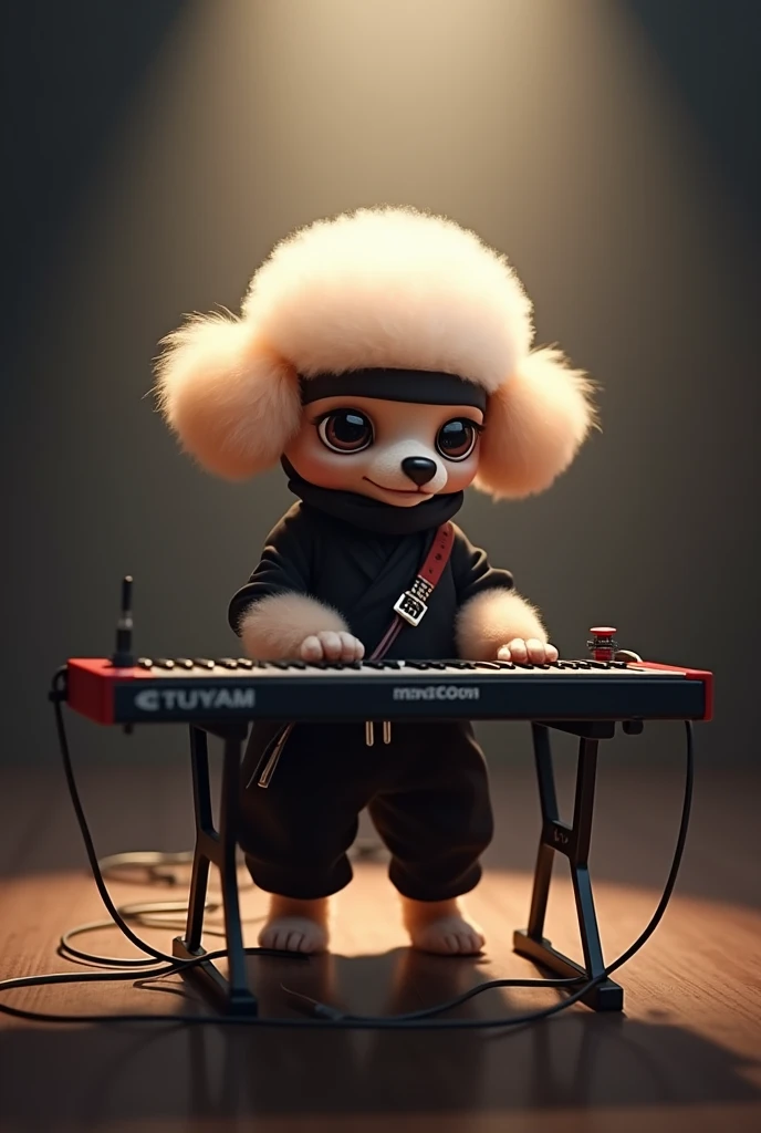  cute、Teacup poodle、Ninja appearance、 standing、 play a synthesizer 、 spotlight shines