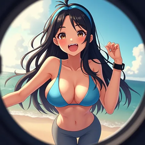 anime, anime screenshot, illustration, anime girl, anime Style, female, long black hair, brown eyes, tanned skin, bangs, sun-kissed complexion, medium brown skin color, brown tanned skin, glowing skin, undergarment blue bra, revealing bra, undergarment blu...