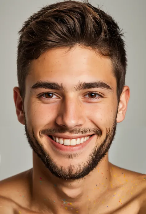  young guy,  big smile ,  brown eye , short beard ,  ultratextured skin ,  hyperrealistic photography, Soft light, portrait in shoulders and head , lid