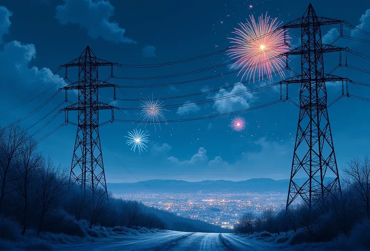 Hand drawing in blue tones, night, winter, in the foreground two high-voltage power lines, below the night town in lights, many fireworks in the sky