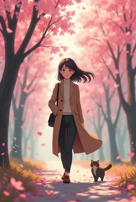 Saya berjalan bersama kucing di antara pohon bunga sakura .My female wears a winter long blazer and wears trousers and my hair is shoulder-length 