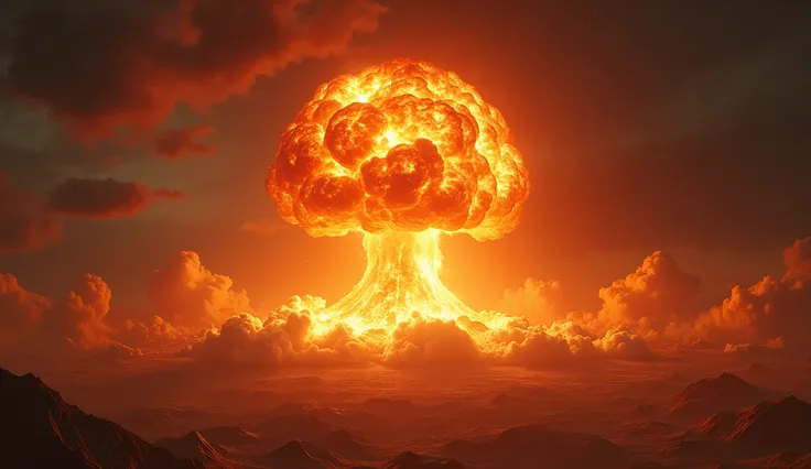 a massive nuclear explosion, mushroom cloud, Skull shaped mushroom cloud of Fire, intense atomic blast, blinding bright light, powerful shockwave, earth-shaking detonation, apocalyptic world devastation, the destroyed continents /(the fragmented Americas, ...