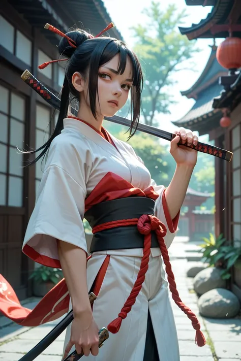  Girl with long black hair held by two chopsticks wearing samurai clothes and a burning katana 