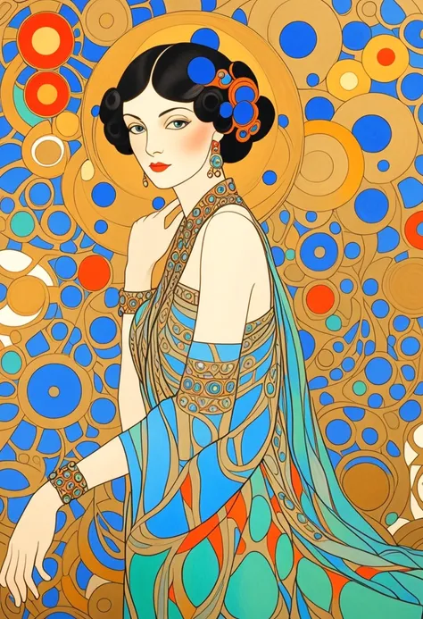 A stunning, elegant woman Gustavo Klimt: estilo art nouveau, George Barbier: estilo Art-Déco, paul-klee: estilo abstracto,