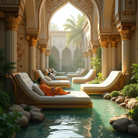 The elevated and richly adorned couches in Jannah, placed in gardens surrounded by flowing rivers. The inhabitants relax on these luxurious couches, enjoying the eternal peace and rewards of paradise, in an environment of divine light.

