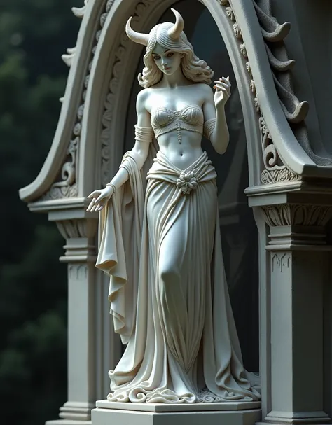 Marble statue of a female devil shining incense on a decorative window protruding from a spire