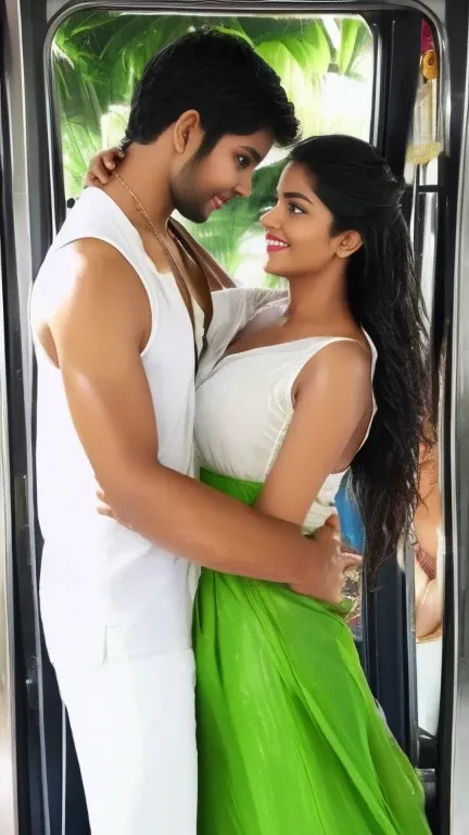 Most beautiful indian woman and man completely wet, they board a bus and standing inside crowded bus. Bus is crowded. Man and woman squeeze each other. Man erotically grabbing her breast from front, Woman wearing very deep neck sleeveless plain green top, ...