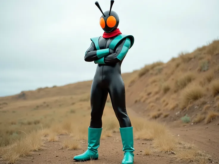 This is a photograph of a person dressed in a full-body Kamen Rider costume, specifically the Kamen Rider Ayuga. The costume is predominantly black with teal accents, including a helmet with large, round, orange eyes and antennae. The character has a red s...