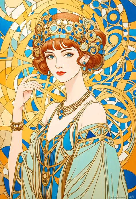 A stunning,  elegant woman Gustavo Klimt : Art Nouveau style, George Barbier:  Art-Deco style , paul-klee :  abstract style , better quality,  masterpieceLight  ,luxury,brighter background , use gold color in the realse