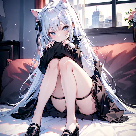  Cute 18 year old cat ears girl wearing black and black lace miniskirt and black stockings with black panties，Sitting lying face very very very red upskirt ，Doing the kissing action ，There are no defects in the whole body，The whole body is in the picture 