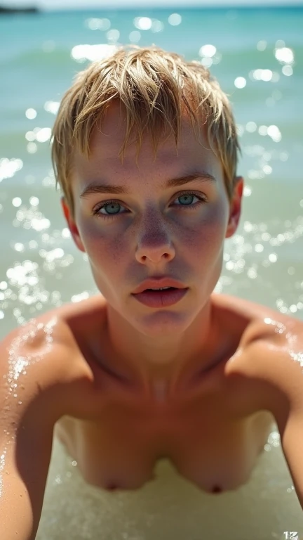  Sophie Lillis naked comes out of the water,primer plano del is, is, Waves, whole body,lies on the sand,  closed mouth ,  front view,  taking a selfie, Wet,  water drops , flowing down the face , short hair , Wet hair, ,Sinful chest,,Sinful ,ribs are visib...