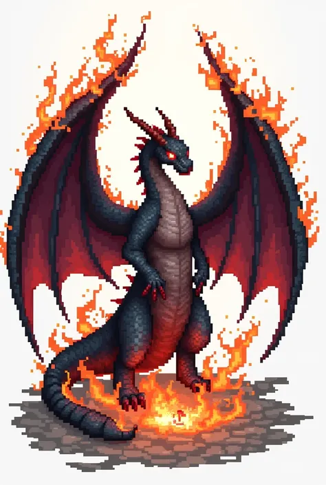 16 bit pixelated full body dark souls flame dragon in white background