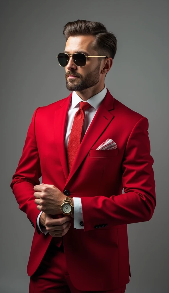 (((Confident and sophisticated gentleman))), dressed in a striking tailored red suit with sharp lapels and a matching red tie, exuding power and elegance. His polished look is accentuated by a crisp white shirt, a pocket square with a subtle red and white ...