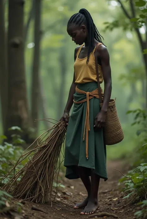 create an image of a 19 yrs old Nigerian girl When she reached the edge of the forest, she set down her basket and began gathering firewood
But as she bent to pick up a bundle of sticks, a sound froze her in place.