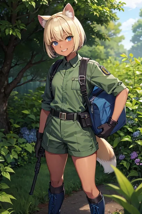  anime picture 、 Full Body Portrait 、A 15-year-old dark-skinned woman about 160 cm tall wearing a dark green military uniform and camouflage shorts、Weasel Ears、Weasel Tail 、 blue eyes、 Her hairstyle is short, short hair 、Blonde、 Laughing with her mouth ope...