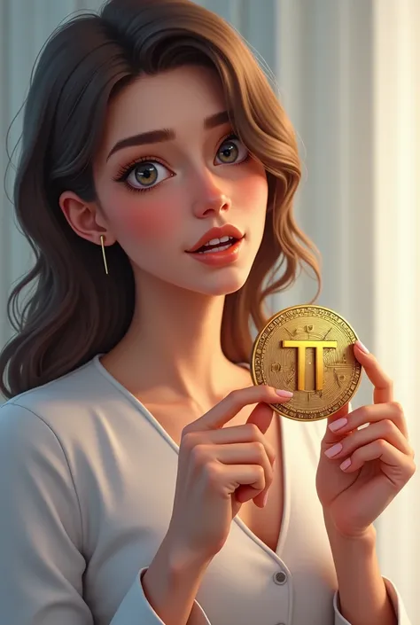 woman holding a Pi coin 