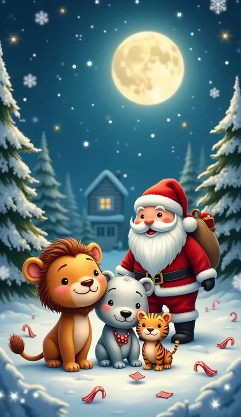 A touching holiday scene with three charming little friends - a lion cub, a polar bear cub and a tiger cub. They are standing in the center and in the background is Santa Claus with the Snow Maiden. In the distance you can see a kindergarten. Its night, th...