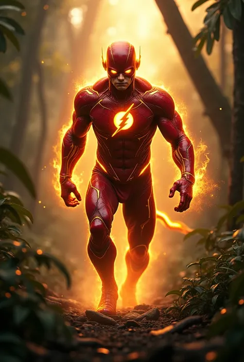 "A menacing hybrid entity combining Flash’s incredible speed and energy with the raw power of a jaguar emerges from the same jungle under the golden light of dawn. The upper body of the hybrid is Flash, with his red and yellow suit glowing with energy, whi...