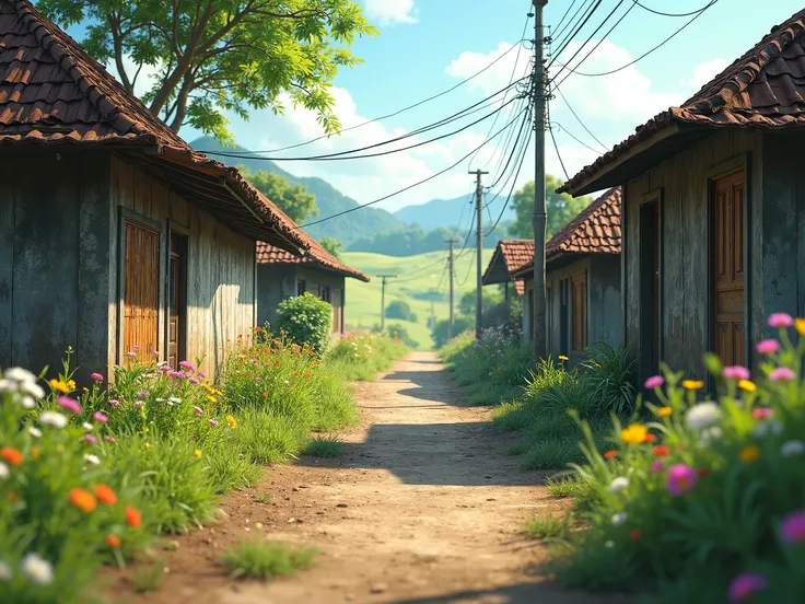 create realistic background for drama with simple street setting of Indonesian village with meadows and flowers during the day