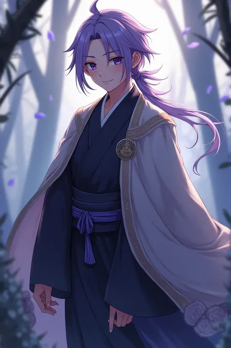 A guy with lavender hair tied in a loose ponytail. The eyes are dark lilac. The guy smiles sadly. Dressed in dark hanfu. On top of the hanfu is a mantle. This is fantasy.