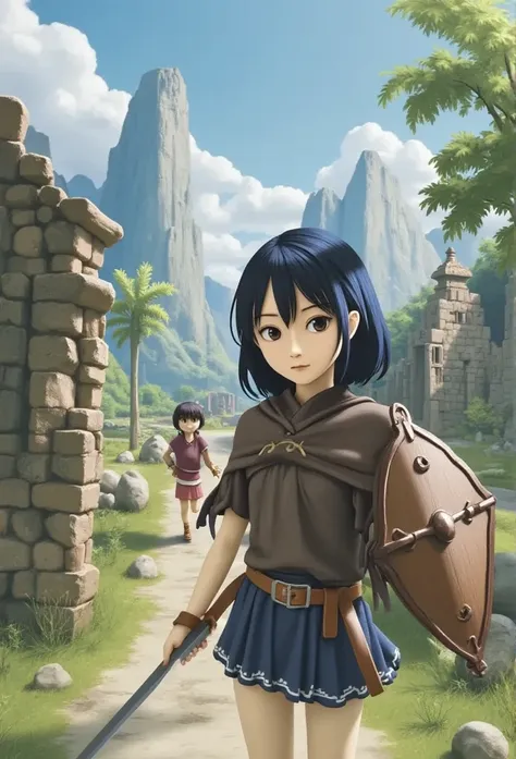  by Sam {x}  by Sam {x} Bringing friends ,   dark blue hair  ,Wearing a cloak , holding a sword in the right hand , with a shield in her left hand ,What if they were characters in Dragon Quest,Great adventure