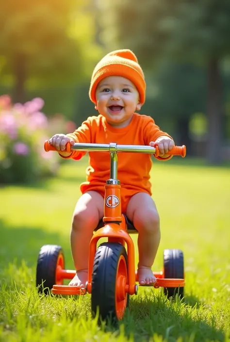 A baby is perched on a bright orange tricycle in the middle of a sunlit park, surrounded by soft green grass and colorful flowers. The tricycle’s frame is a vivid orange with shiny chrome handlebars, making it the focal point of the scene. The baby, wearin...