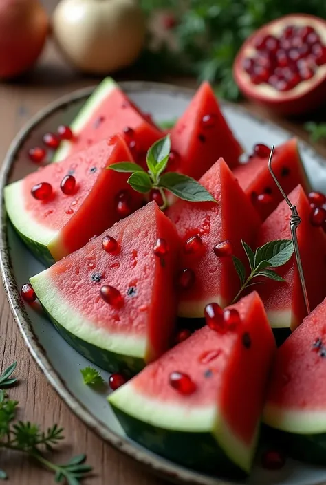 TRADITIONAL IRANIAN DISH OF SLICED WATERMELON AND POMEGRANATE WITH DENTAL EQUIPMENT 