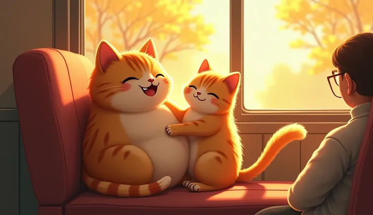 Description: The parent chubby cat is sitting comfortably with a big smile, holding the kitten close. The kitten is playfully batting at the edge of the parent cat’s tail. Warm sunlight streams through the window, bathing them in golden light. Background d...