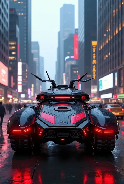 A futuristic tank inspired by the theme of Ant-Man, featuring sleek, insect-like design elements with a red and black color scheme. The tank has an armored shell resembling an ants exoskeleton, with intricate mechanical details, antenna-like structures, an...