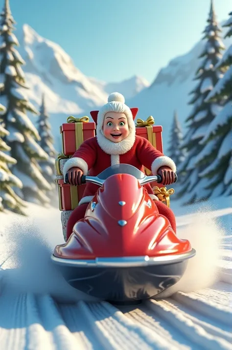 hyper-realistic, 8k, 3d.
Happy Mother Claus , woman,  without a beard and without a mustache, very short white hair,  green eyes, Riding fast on a jet-ski loaded with gifts in the snowy mountain forest --air 9:16 --customize ma3couh --v 6.1