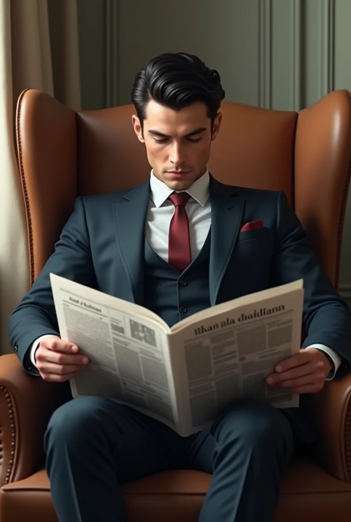 A 27-year-old man in a handsome suit ,  with black hair  ,sitting in a chair reading a newspaper 