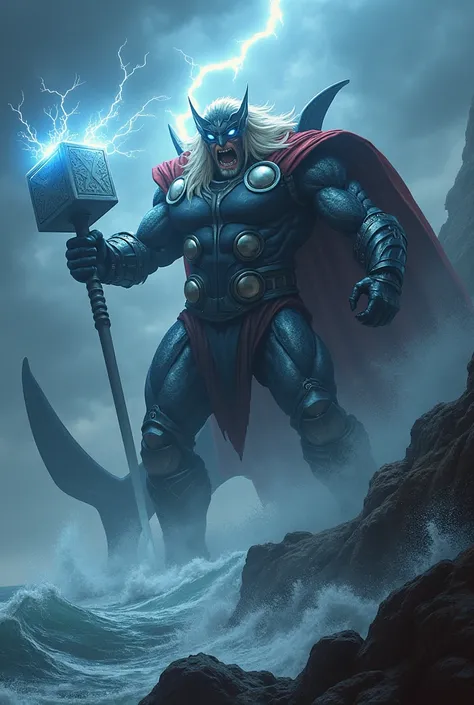 "A menacing hybrid entity combining Thor’s godly powers and Mjölnir with the deadly ferocity of a great white shark emerges from the same cliffside under the stormy sky. The creature’s upper body is that of Thor, his muscular frame cloaked in armor with Mj...