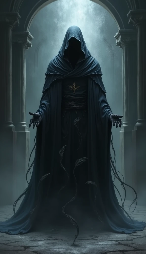 Shadow Wizard: A man cloaked in a smoky black robe that seems to absorb all surrounding light. He stands in a dark room with shadowy hands emerging from his cape.