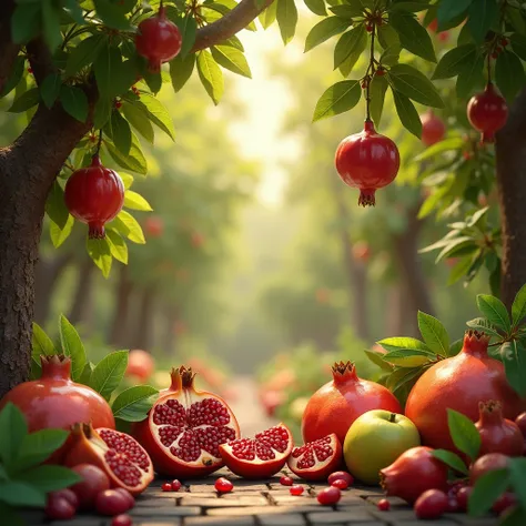 The abundant and delicious fruits in Jannah, including dates, pomegranates, and figs. The fruits grow on trees and lower themselves for the inhabitants to pick. The gardens are filled with beauty, and the atmosphere is peaceful and divine.