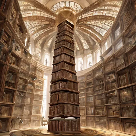 A massive library that stretches infinitely upward, where books hover mid-air and contain holographic scenes of alternate realities, with a lone figure in a high-tech suit exploring its secrets.