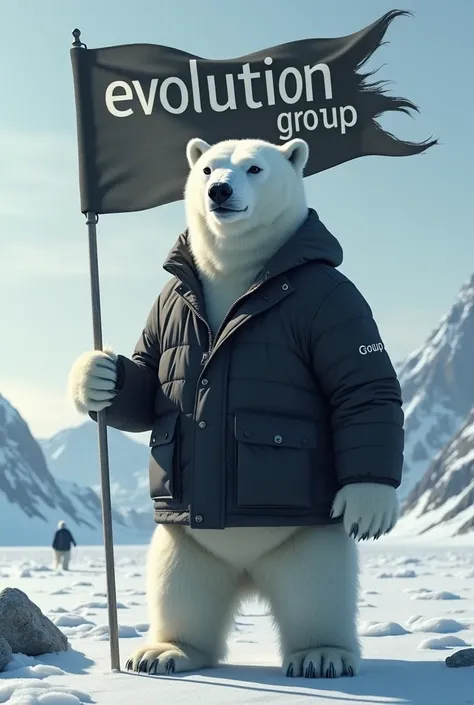 Polar bear dressed in a black jacket and holding a flag that says evolution group 