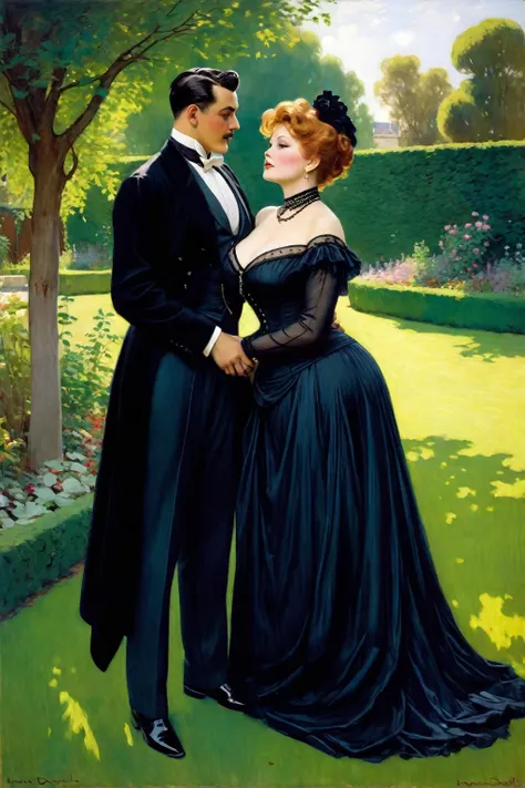 Full body shot of Arlene Dahl as a plump voluptuous buxom Victorian widow flirting with an Young handsome gentleman in the backyard, by Jean Béraud, inspired by Jean Béraud, inspired by Édouard Detaille, edouard leon cortes, inspired by Ivan Kramskoi, insp...