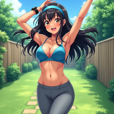 anime, anime screenshot, illustration, anime girl, anime Style, female, long black hair, brown eyes, tanned skin, bangs, sun-kissed complexion, medium brown skin color, brown tanned skin, glowing skin, blue lingerie bra, revealing bra, undergarment blue br...